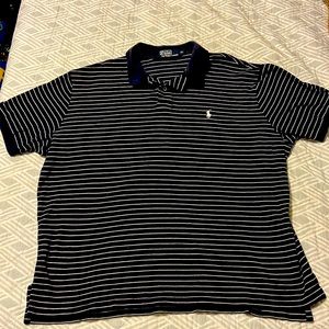 Dark navy S/S Polo Ralph Lauren XL shirt w/ white horizontal thin stripes. Used.
